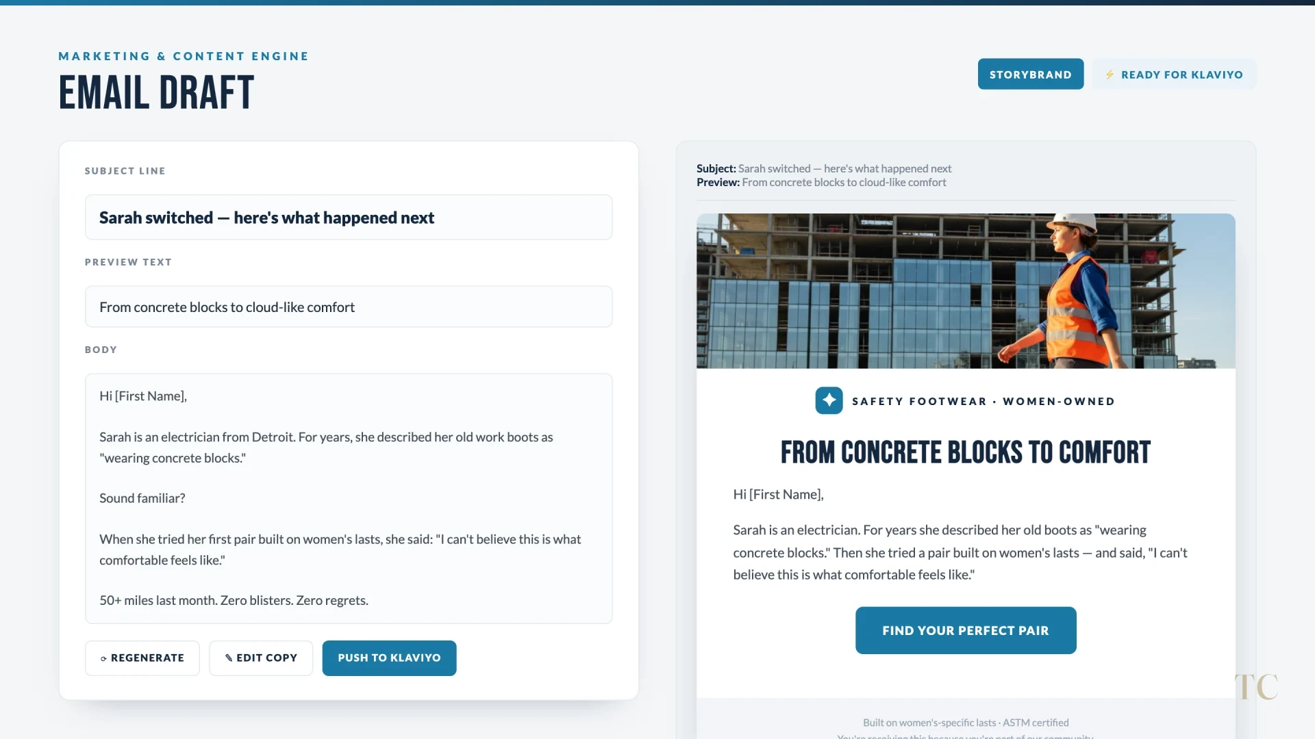 An email draft beside its live preview