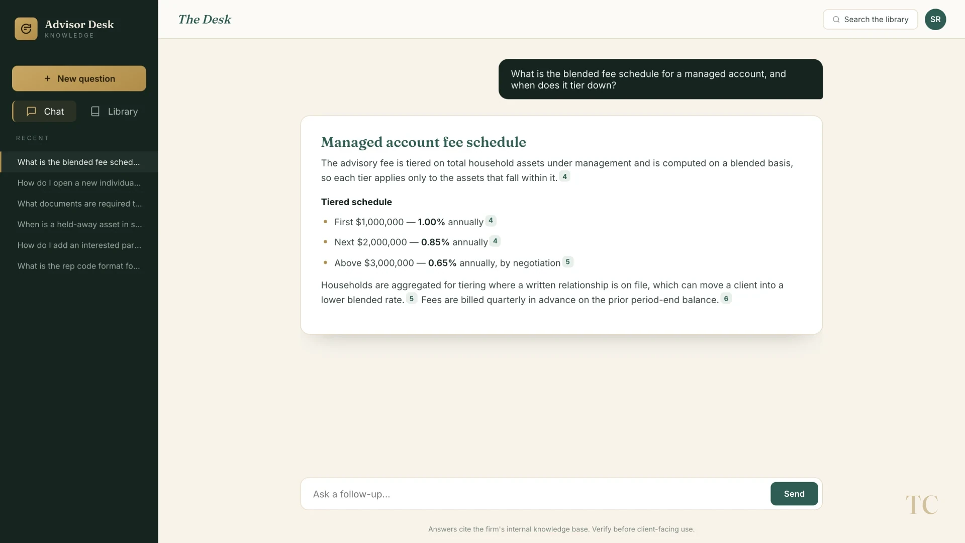 A fee-schedule answer, cited to source