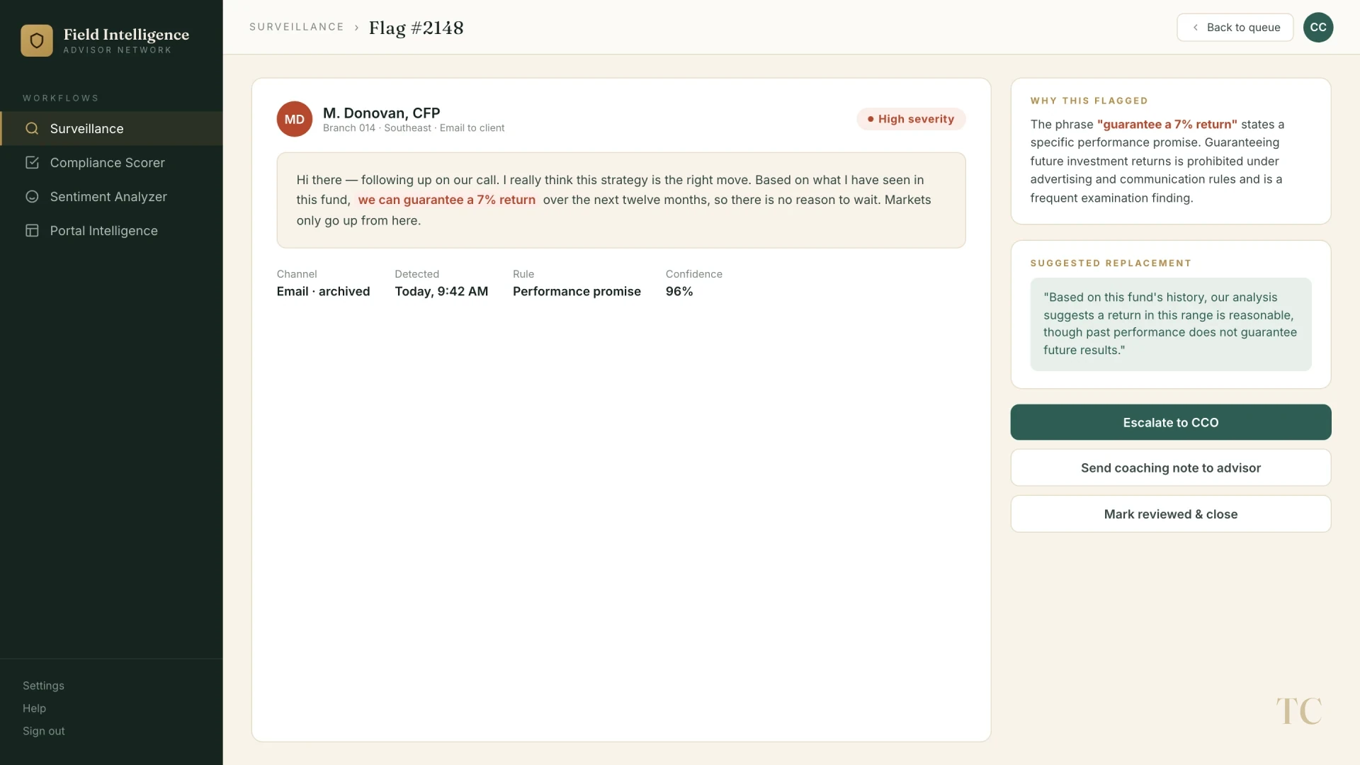 A flagged message with rationale and suggested rewrite