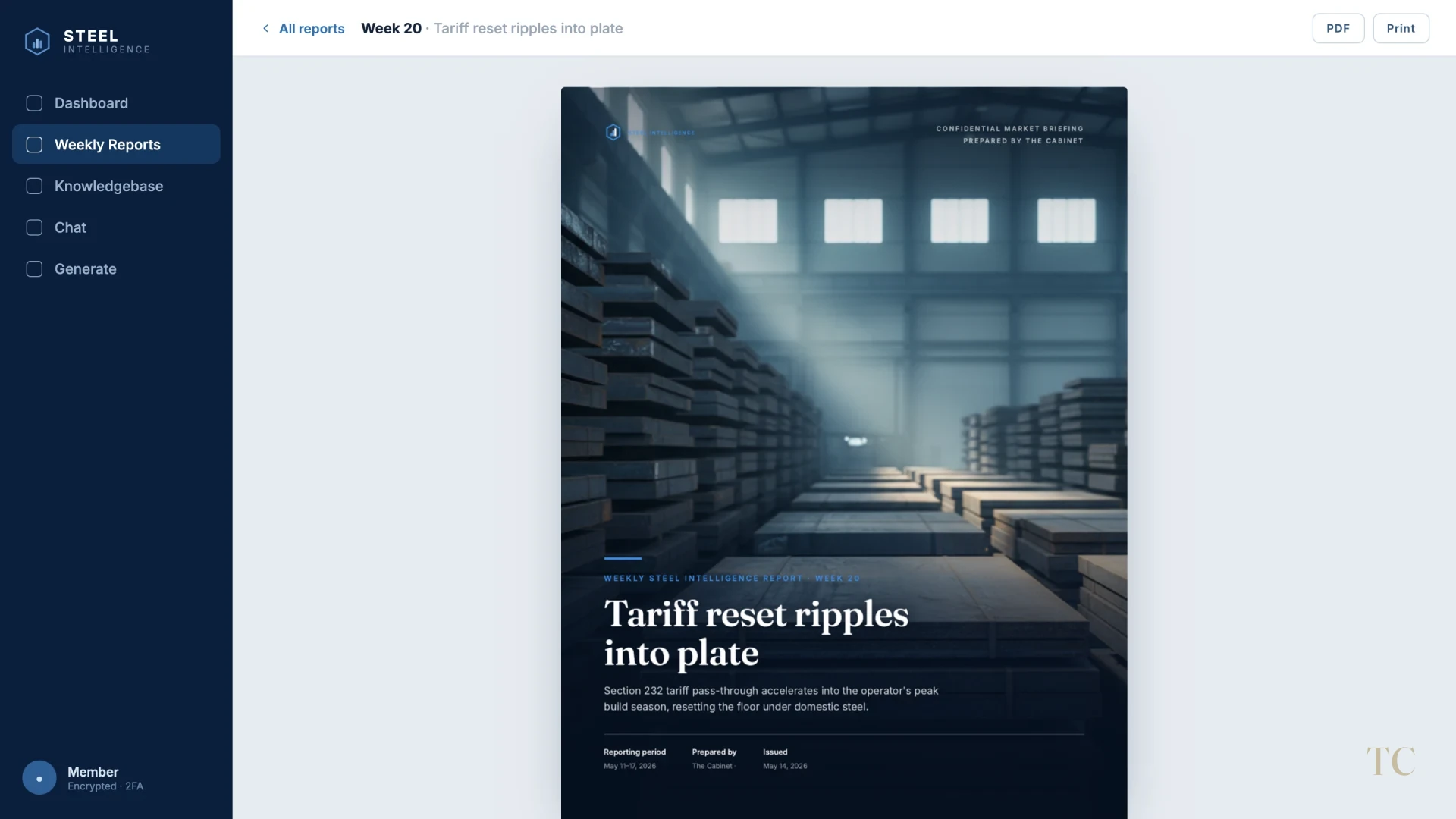 An earlier week's report open in the reader