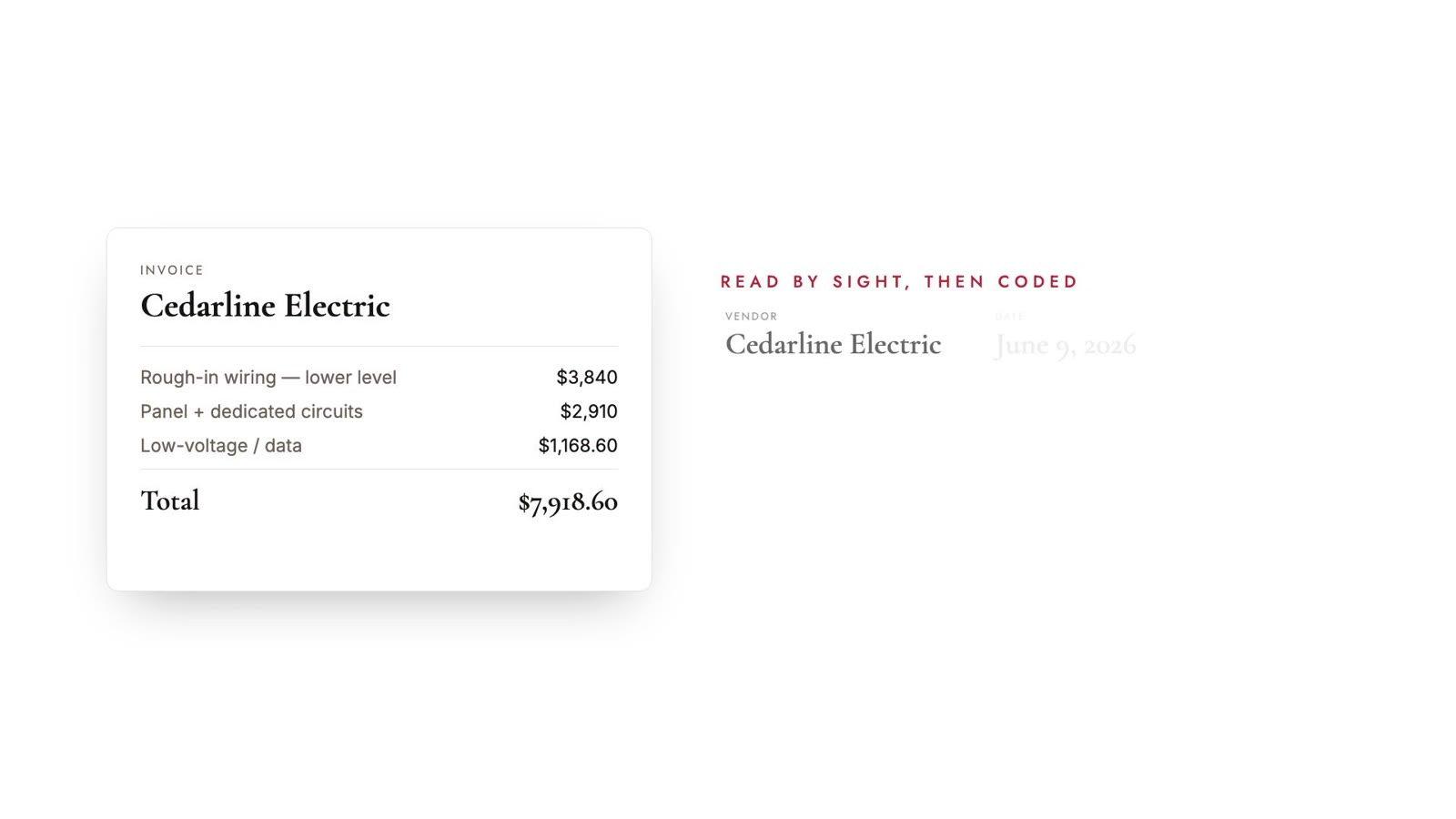 Video still: an invoice read by sight, then coded.